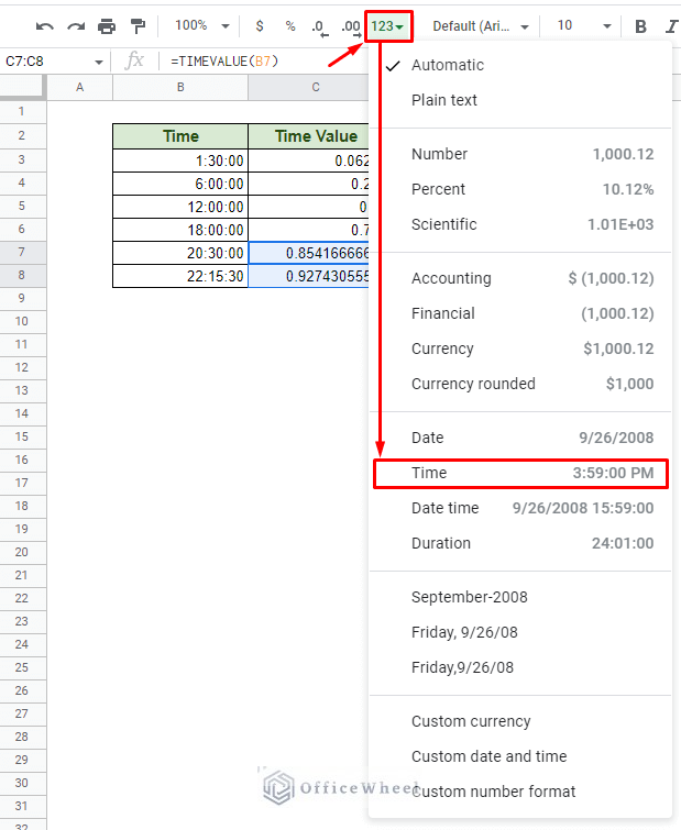 selecting the time format from the toolbar